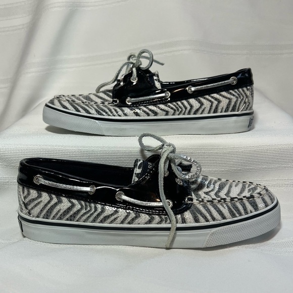 Sperry Top Sider Black White Zebra Stripe Sequins Sz 7.5 EUC Boat Shoes Sneakers - Picture 3 of 11